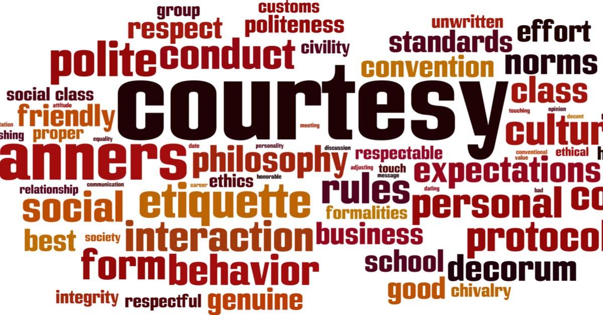 A word cloud with "courtesy" prominently featured in the center, surrounded by related terms like "manners," "etiquette," "respect," and "protocol."