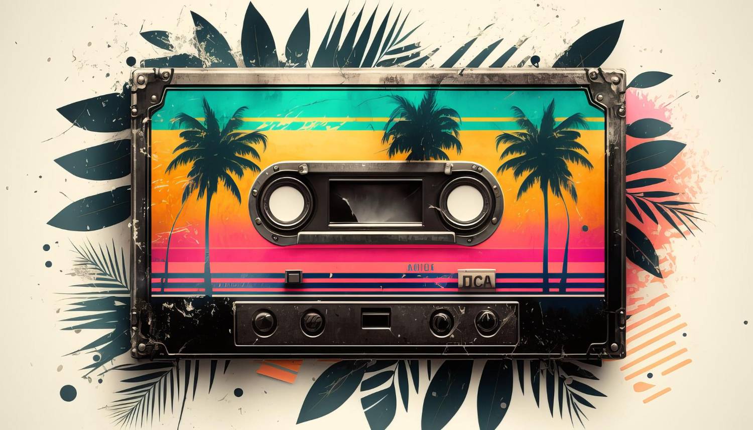 A vibrant cassette tape with a sunset and palm tree design, surrounded by tropical leaves, setting the mood for the perfect pontoon boat playlist.