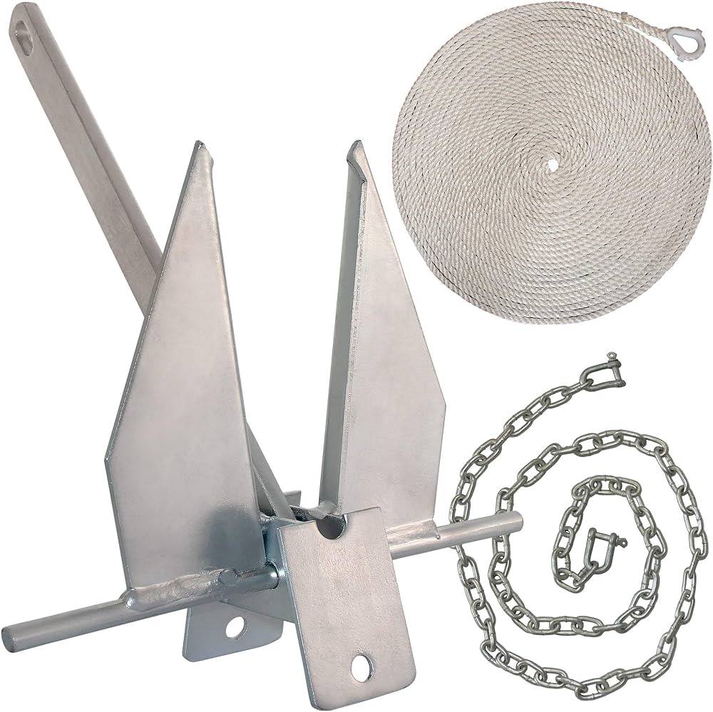 Anchor kit featuring a fluke anchor, a coiled rope, and a chain. Ideal for secure anchoring of boats in various water conditions.