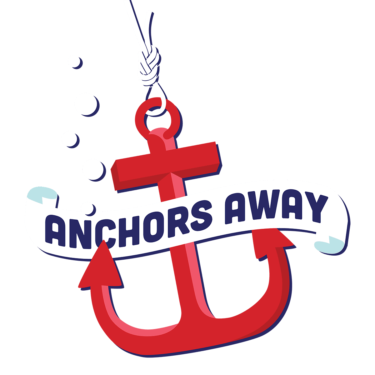 A red anchor with a rope and the text "Anchors Away" below it, symbolizing adventure and fun, perfect for promoting pontoon rentals in Florida.