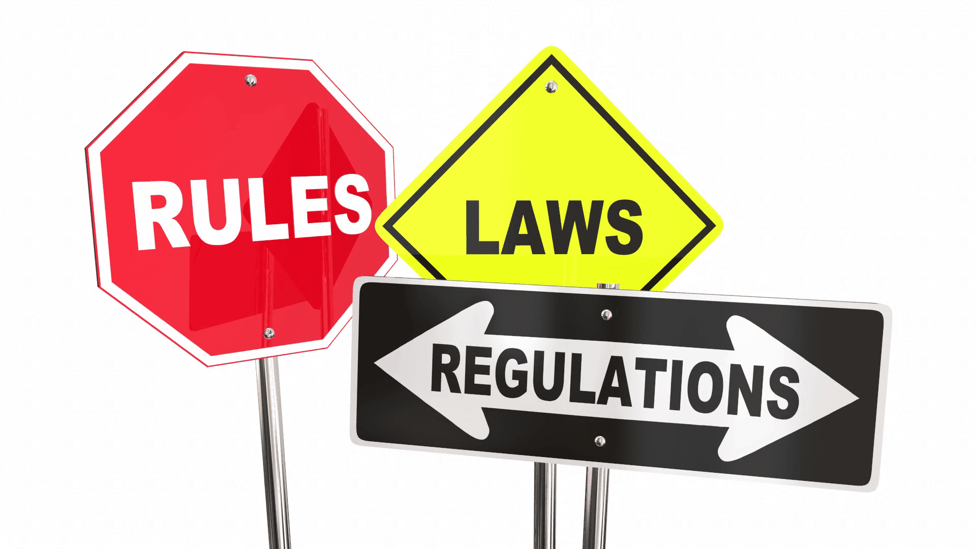 Traffic signs displaying "Rules," "Laws," and "Regulations" on a white background. Be your own captain by understanding and following these guidelines.