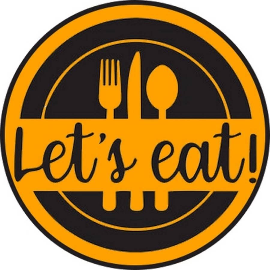 Orange and black logo with a fork, knife, and spoon, and the text 'Let's eat!' encouraging a dining experience.
