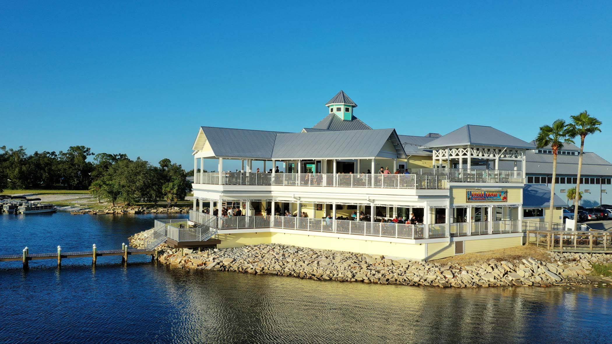 Uncle Ernie's Bayfront Grill & Brew House, a two-story restaurant with waterfront seating, exemplifies Panama City's most scenic waterfront restaurants.